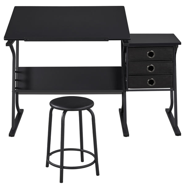 Adjustable Drafting Table Drawing Table Desk with Stool and Storage Drawers-Costoffs