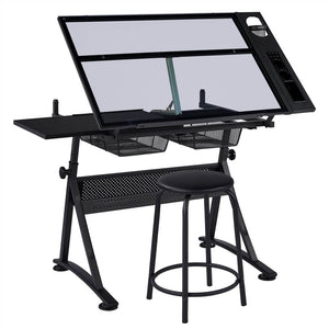 Height Adjustable Multifunctional Glass Drafting Table & Stool Set-Costoffs