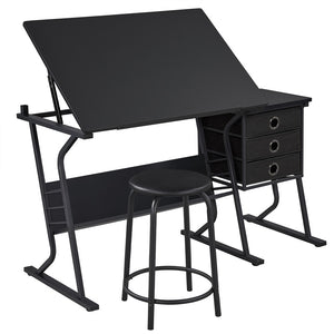 Adjustable Drafting Table Drawing Table Desk with Stool and Storage Drawers-Costoffs