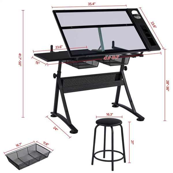 Height Adjustable Multifunctional Glass Drafting Table & Stool Set-Costoffs
