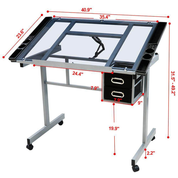 Adjustable Draft Drawing Art Desk Table with Rolling Wheels and Drawers-Costoffs