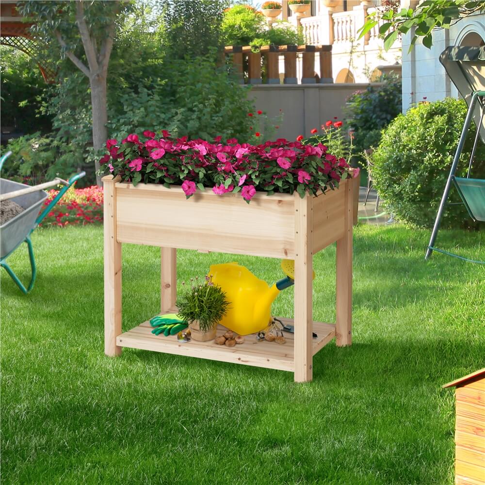 Wooden Raised Flower Garden Bed Kit with Shelf-Costoffs